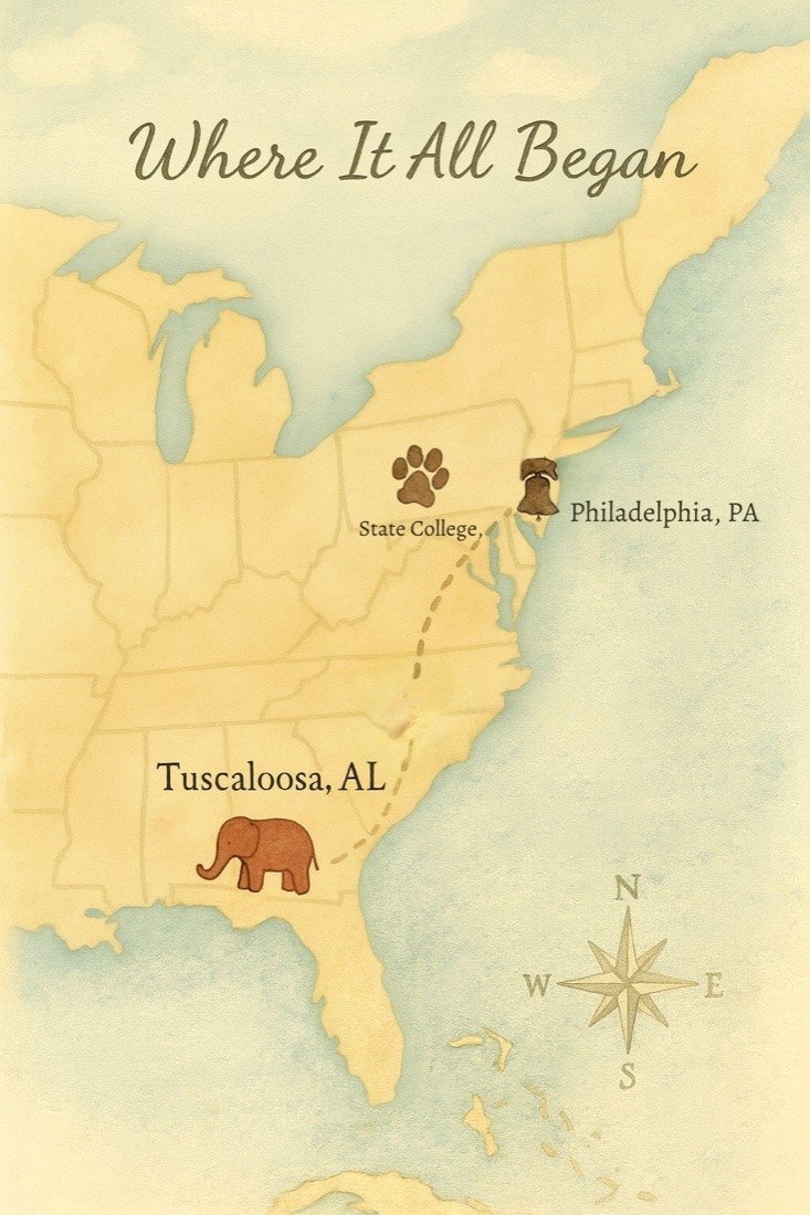Illustrated map tracing the road from Tuscaloosa to State College to Philadelphia