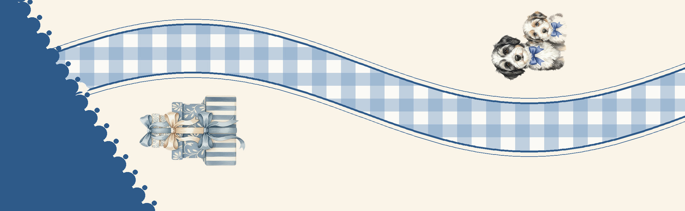 The print from the first navy tip: the gingham ribbon, a stack of gift boxes and our two pups