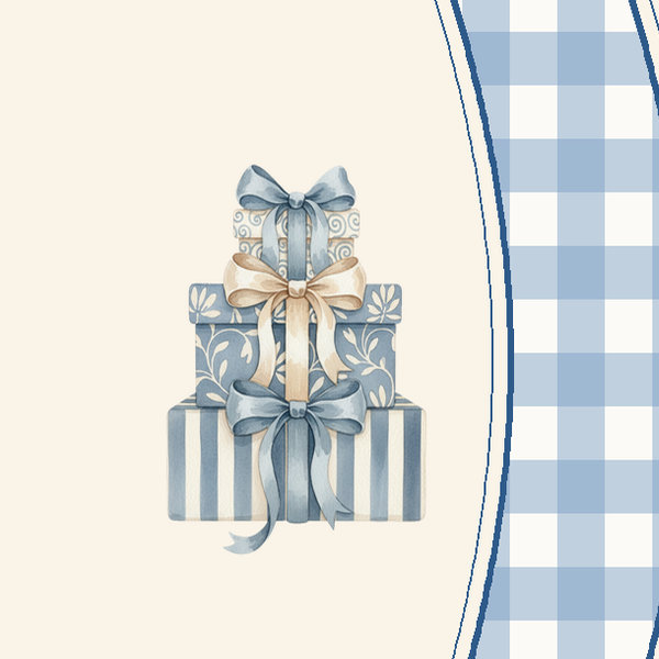 Blue and cream gift boxes tied with ribbon