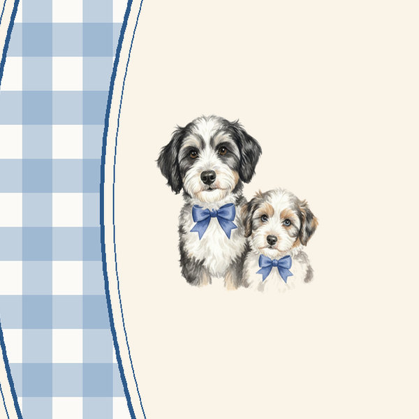 Our two pups in blue bows, inside a gingham frame