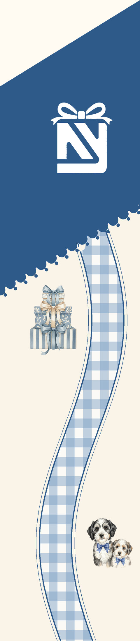The house twilly hanging from its tip: our bow-box mark on navy, a scalloped edge, a stack of gift boxes, a blue gingham ribbon and our two pups