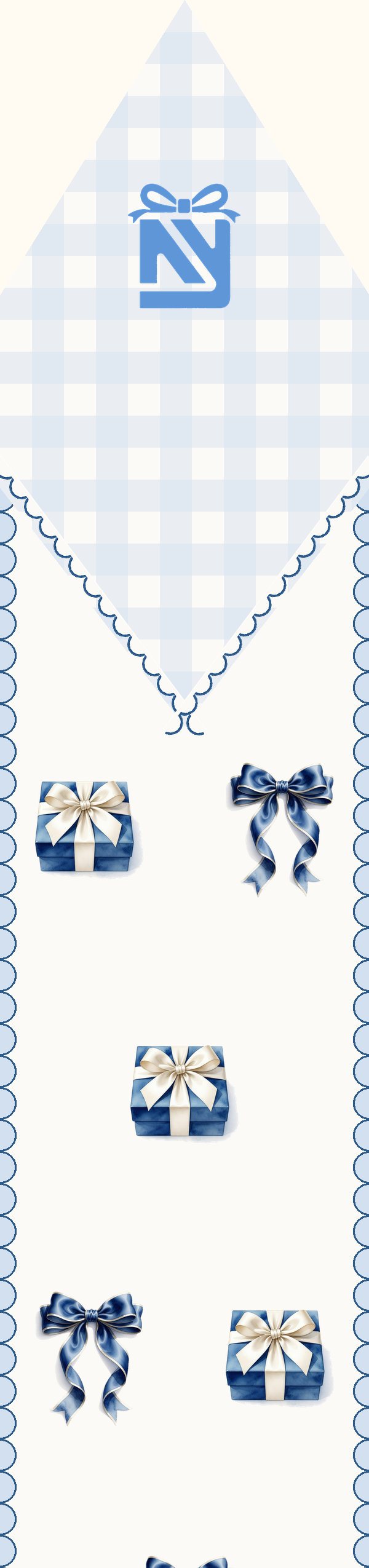 Twilly with a light-blue gingham tip and our bow-box mark, a cream body with dotted borders, small gift boxes and navy bows