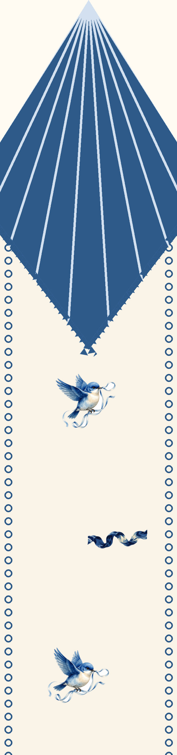 Twilly with a navy tip in white pinstripe rays, bluebirds and a curl of ribbon