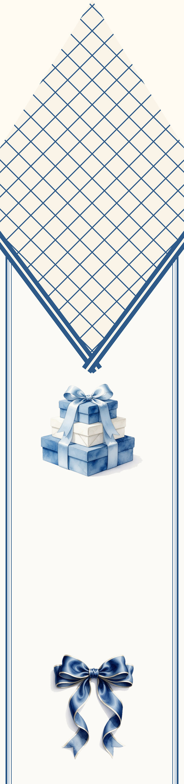 Twilly with a navy windowpane tip, stacked gift boxes and a big navy bow
