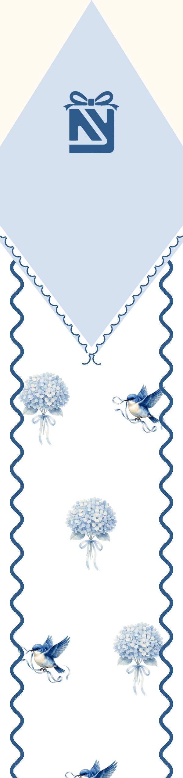 Twilly with a pale-blue tip and a white body edged in navy rickrack, hydrangeas and bluebirds