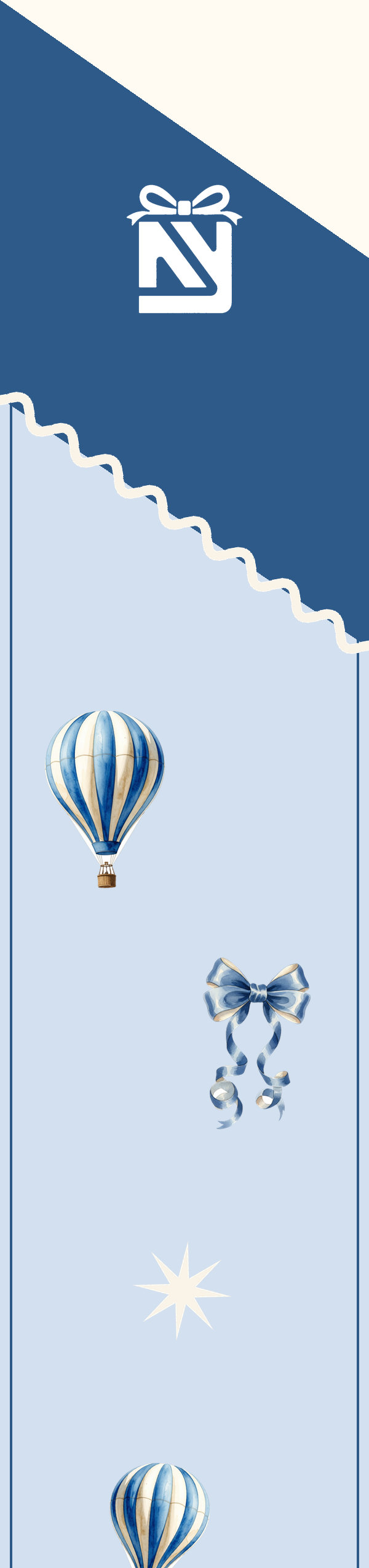 Twilly with a navy scalloped tip and a pale-blue body, hot-air balloons, a bow and a star