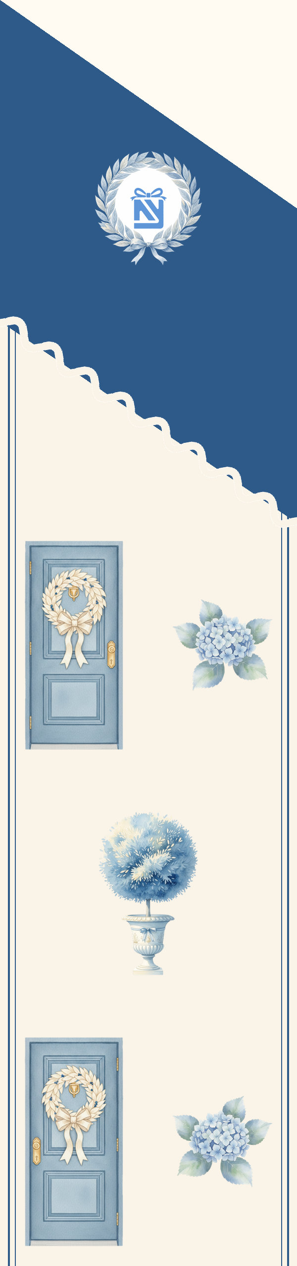Twilly with our mark in a laurel wreath on a navy tip, blue front doors with wreaths, hydrangeas and topiaries