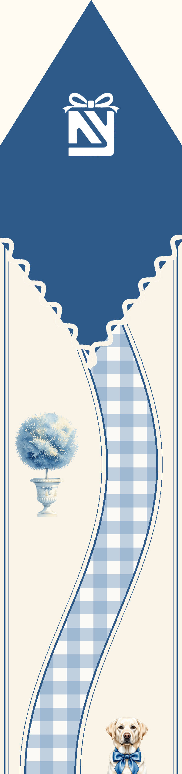 Twilly with a navy tip and a gingham ribbon winding past a topiary and a yellow lab pup in a blue bow