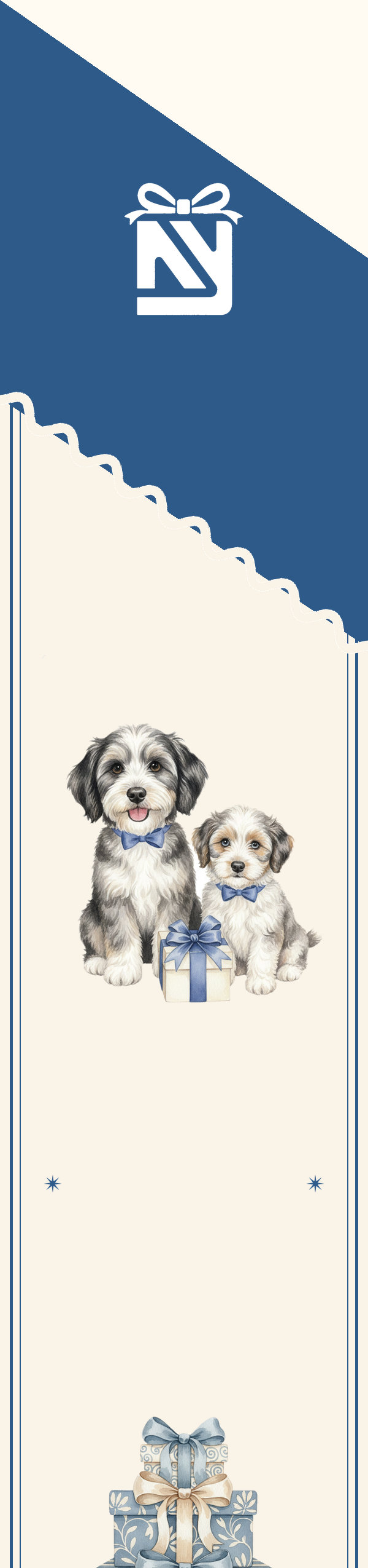Twilly with a navy tip, two pups in blue bows beside a gift and stacked gift boxes