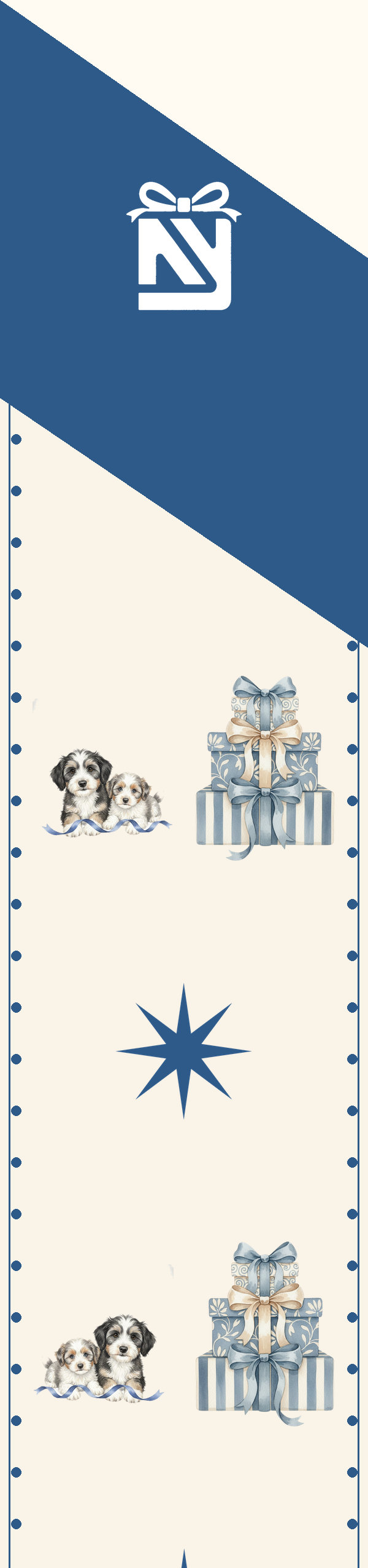 Twilly with a navy tip in a dotted border, pairs of small pups, stacked gifts and a navy star