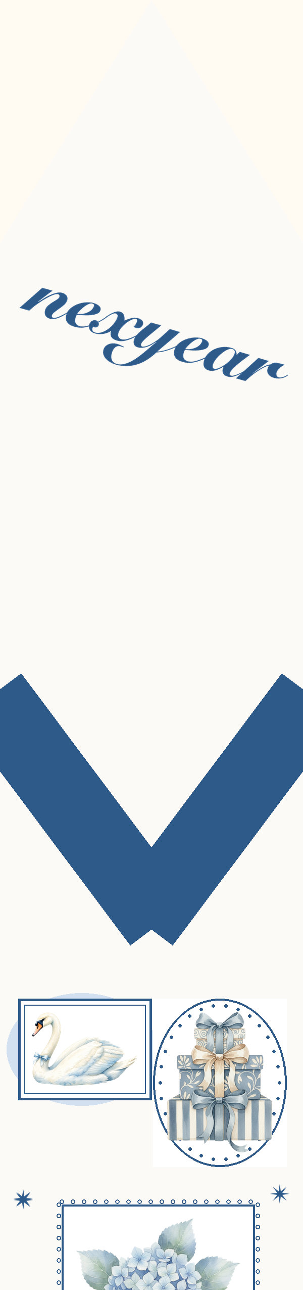 Twilly with the nexyear script wordmark and a navy chevron, a swan, stacked gifts in an oval frame and a hydrangea